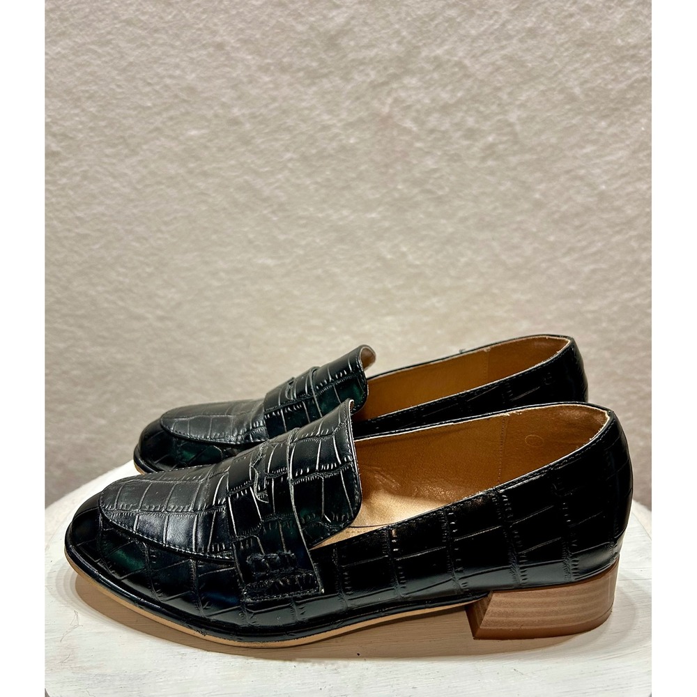 Coutgo Womens Black Croc Embossed Penny Loafers Pointed Toe Block Heel Size 6.5